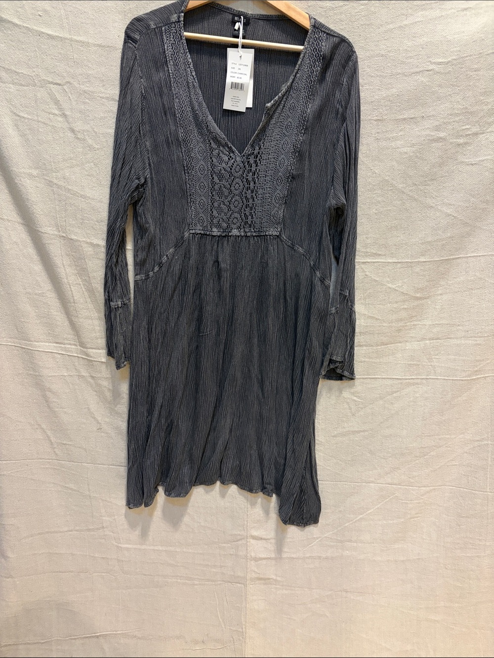 Boho V-Neck Long Sleeve Tunic Dress - Gray